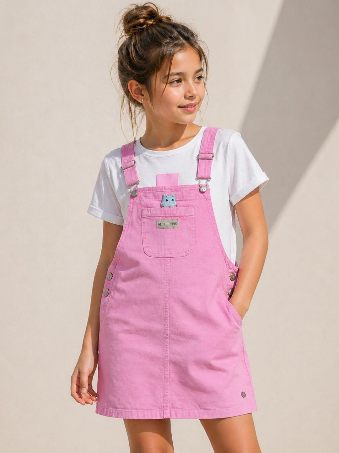 Gini and Jony Girls Cotton Sleeveless Dungaree With T-Shirt