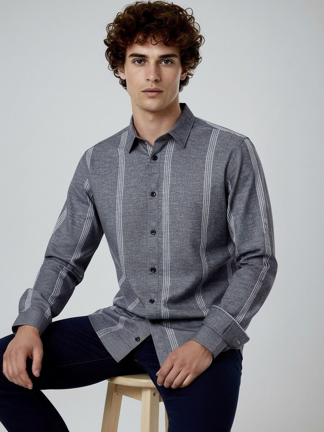 Grey Vertical Stripes Regular Fit Casual Shirt