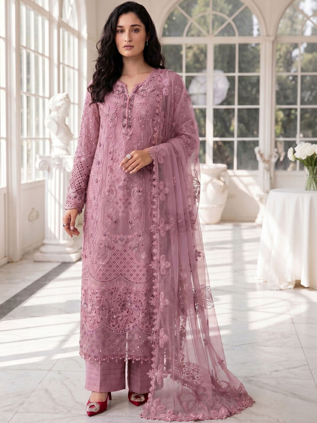 RUDRAPRAYAG Women Floral Embroidered Regular Beads and Stones Top with Palazzos & Dupatta