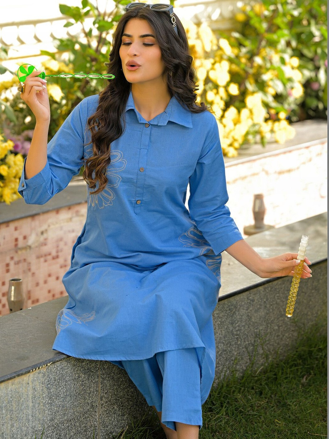 SKYLEE Embroidered Dark Sky Blue Viscose Rayon Co Ords for Women