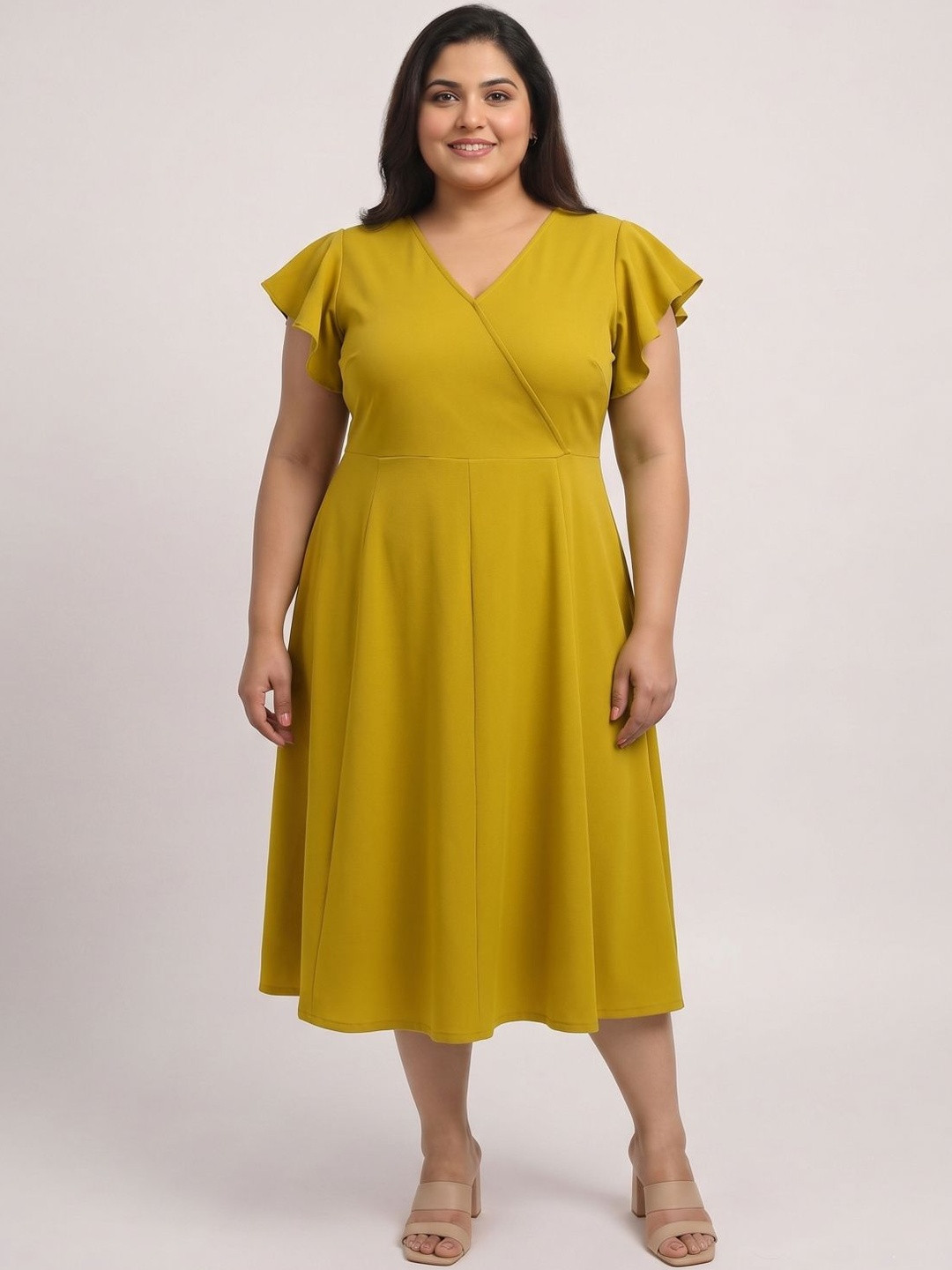 plusS Flutter Sleeve Fit & Flare Midi Dress