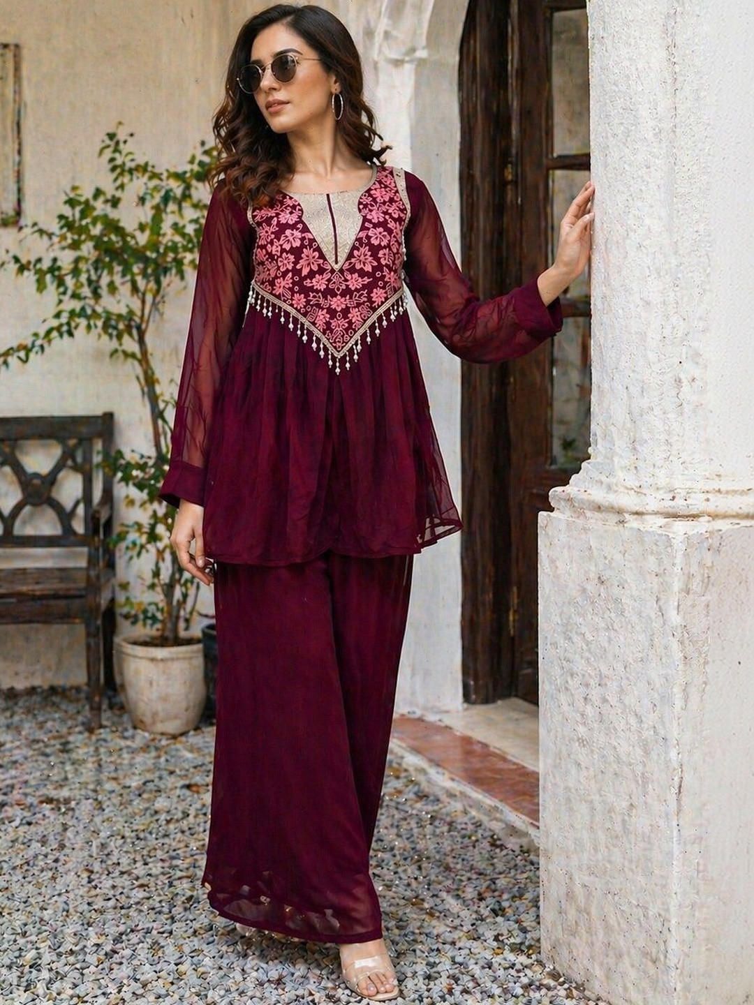 PRIMESKY Women Floral Embroidered Empire Thread Work Silk Georgette Kurti with Palazzos