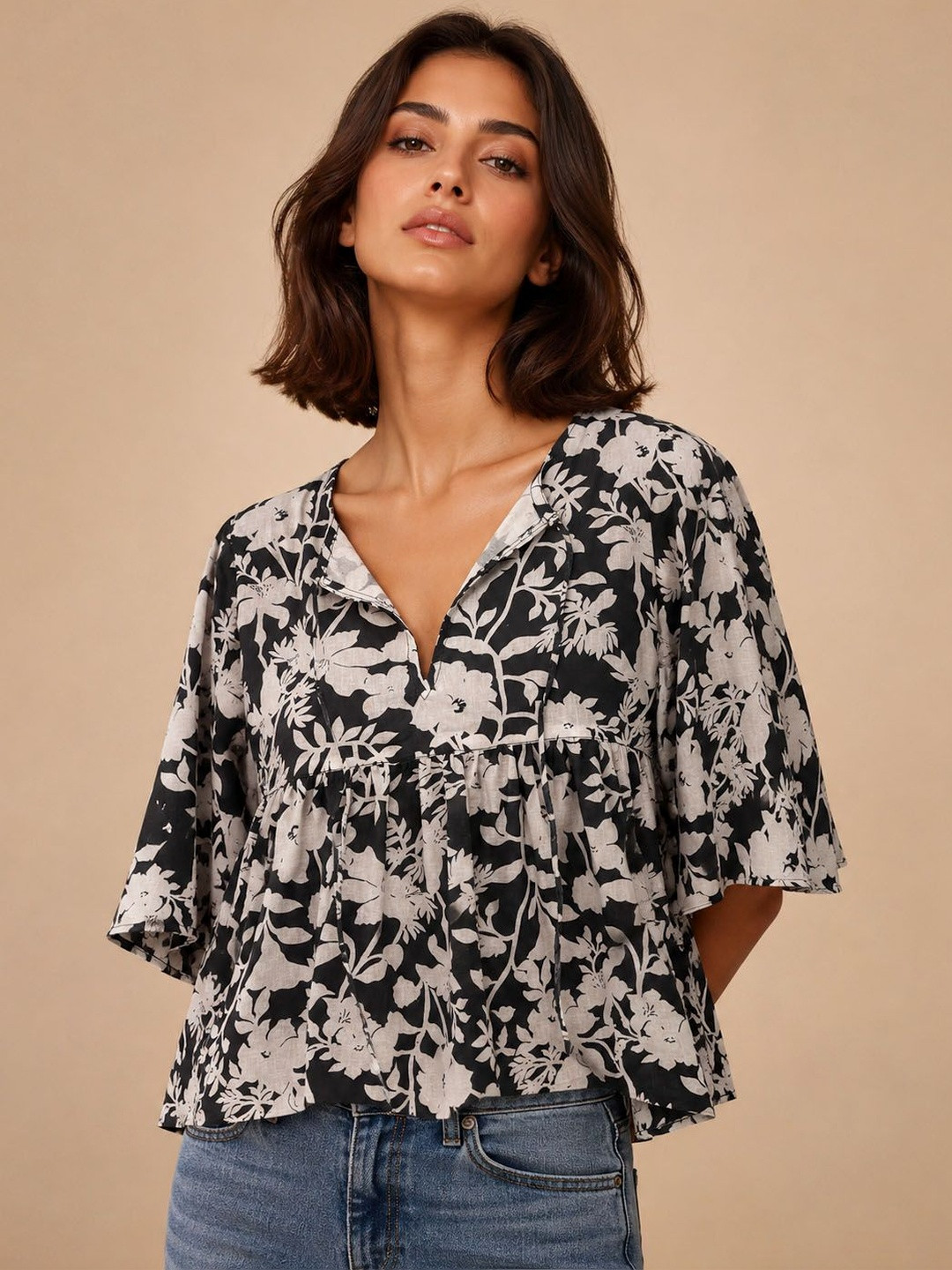 Lagashi Floral Print Flared Sleeve Cotton Top