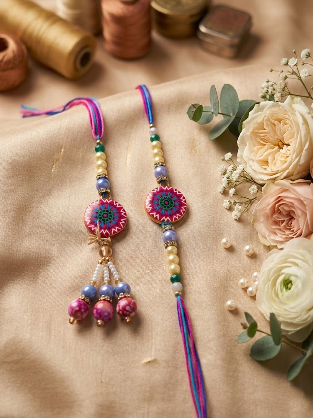 NVR Set Of 2 Artificial Stones & Beads Floral Design Bhaiya Bhabhi Rakhi With Roli Chawal