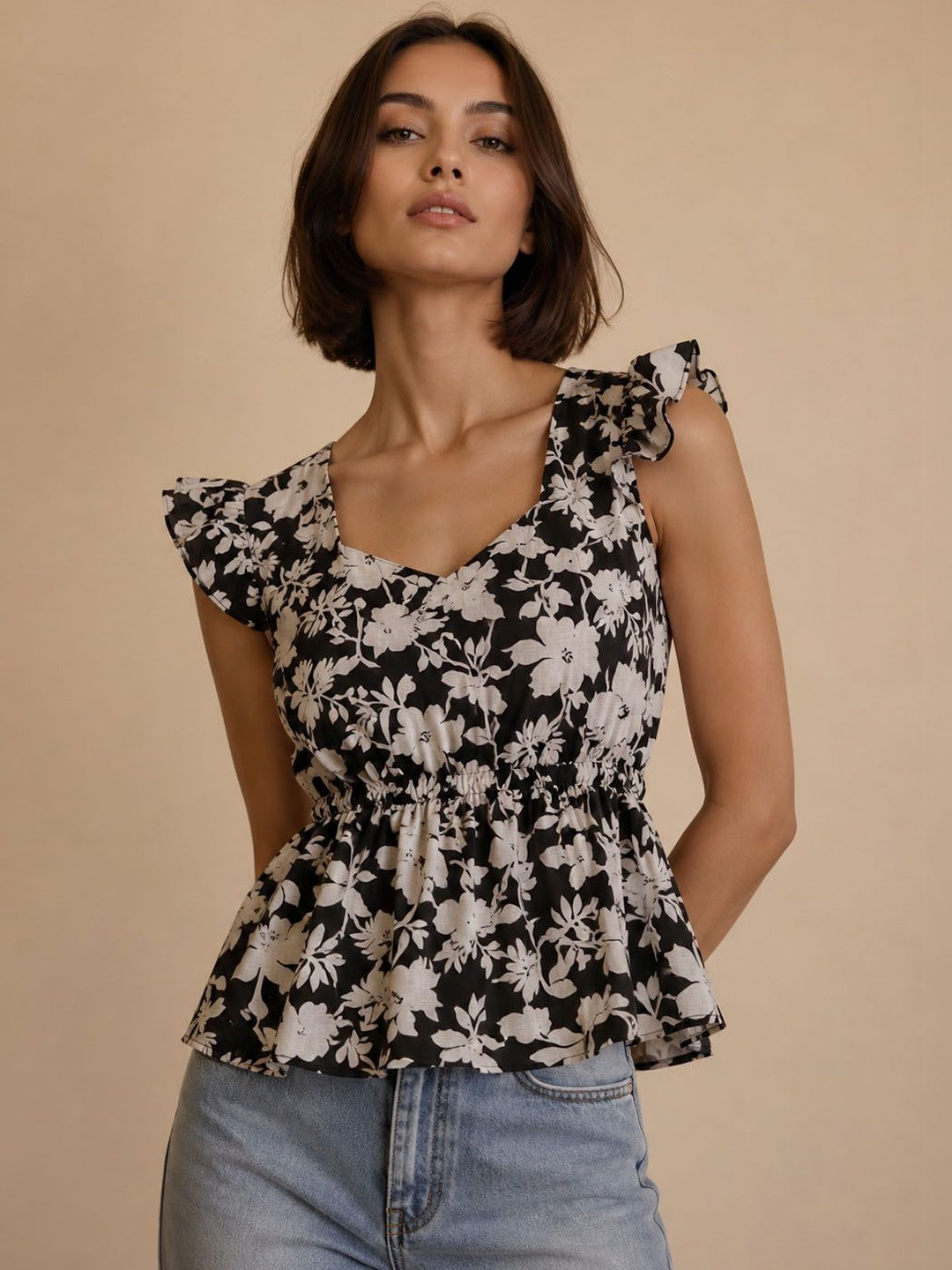 Lagashi Floral Print Flutter Sleeve Cotton Peplum Top