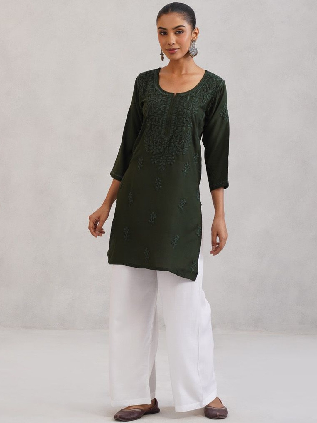 colorkosh Women Floral Green Ethnic Motifs Embroidered Chikankari Kurta