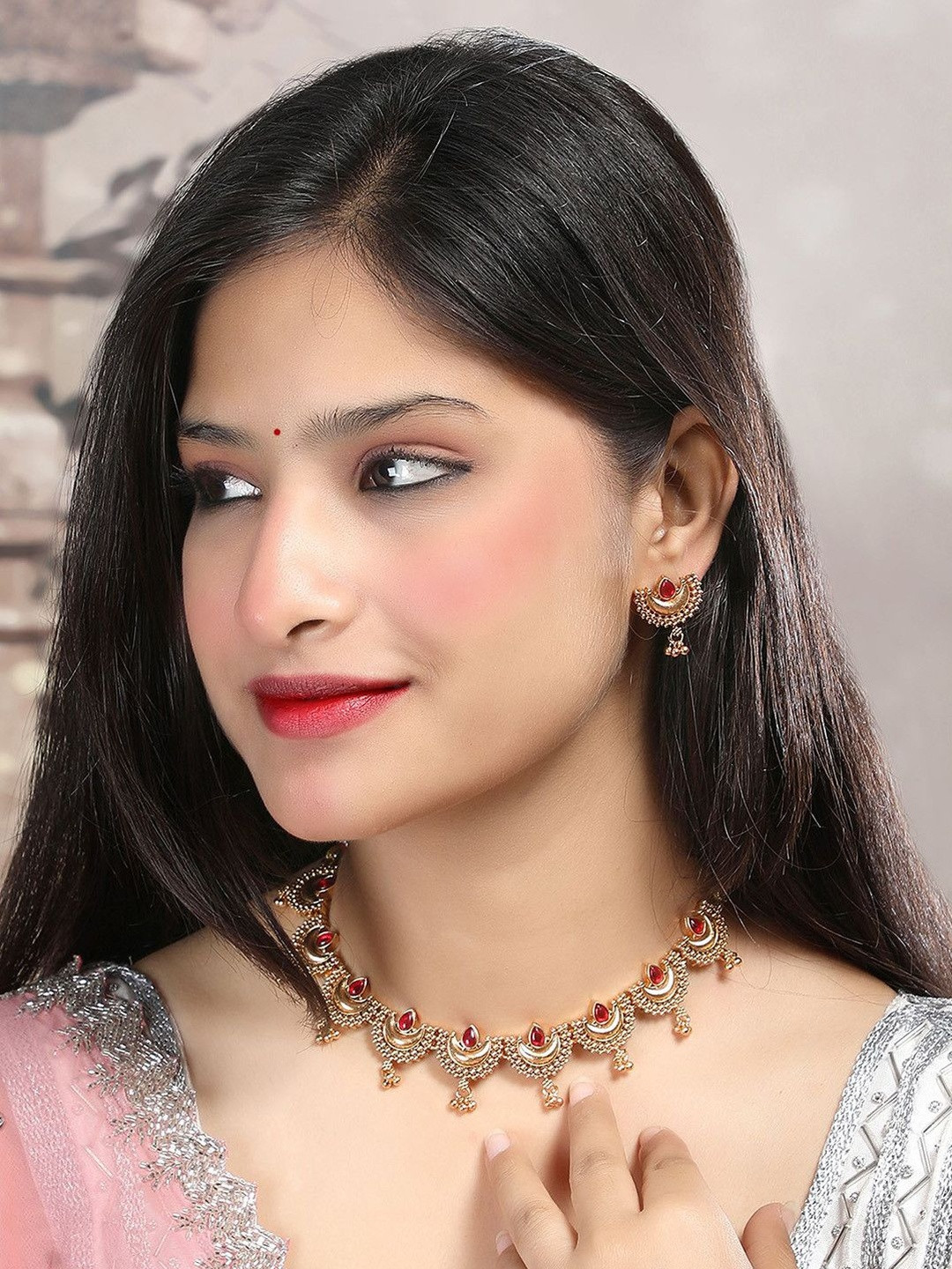 StileAdda Gold-Plated Red Stone Studded Half-Moon Necklace with Earrings