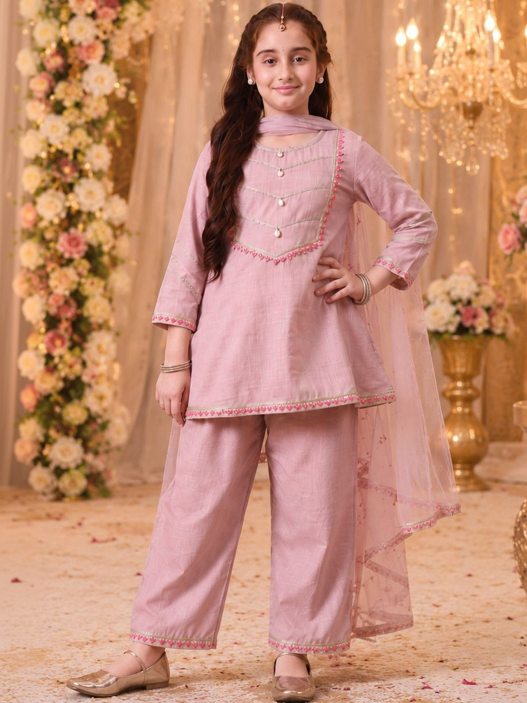 Indi-Loom Couture Girls Ethnic Motifs Yoke Design Regular Thread Work Pure Cotton Kurta with Trousers & With