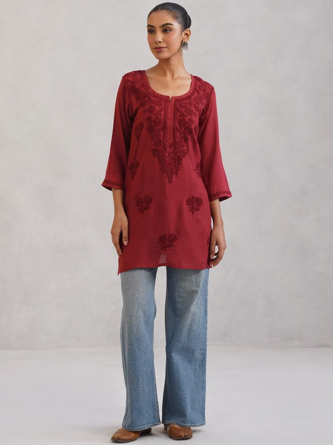 colorkosh Women Floral Rust Ethnic Motifs Embroidered Chikankari Kurta
