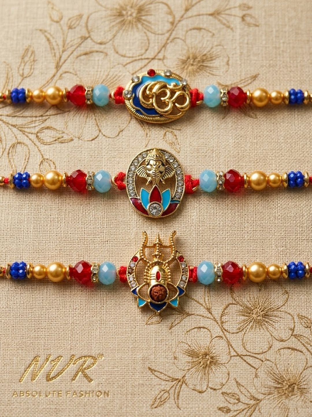 NVR Multicolor Set Of 3 Artificial Stones Religious Thread Rakhi With Roli Chawal
