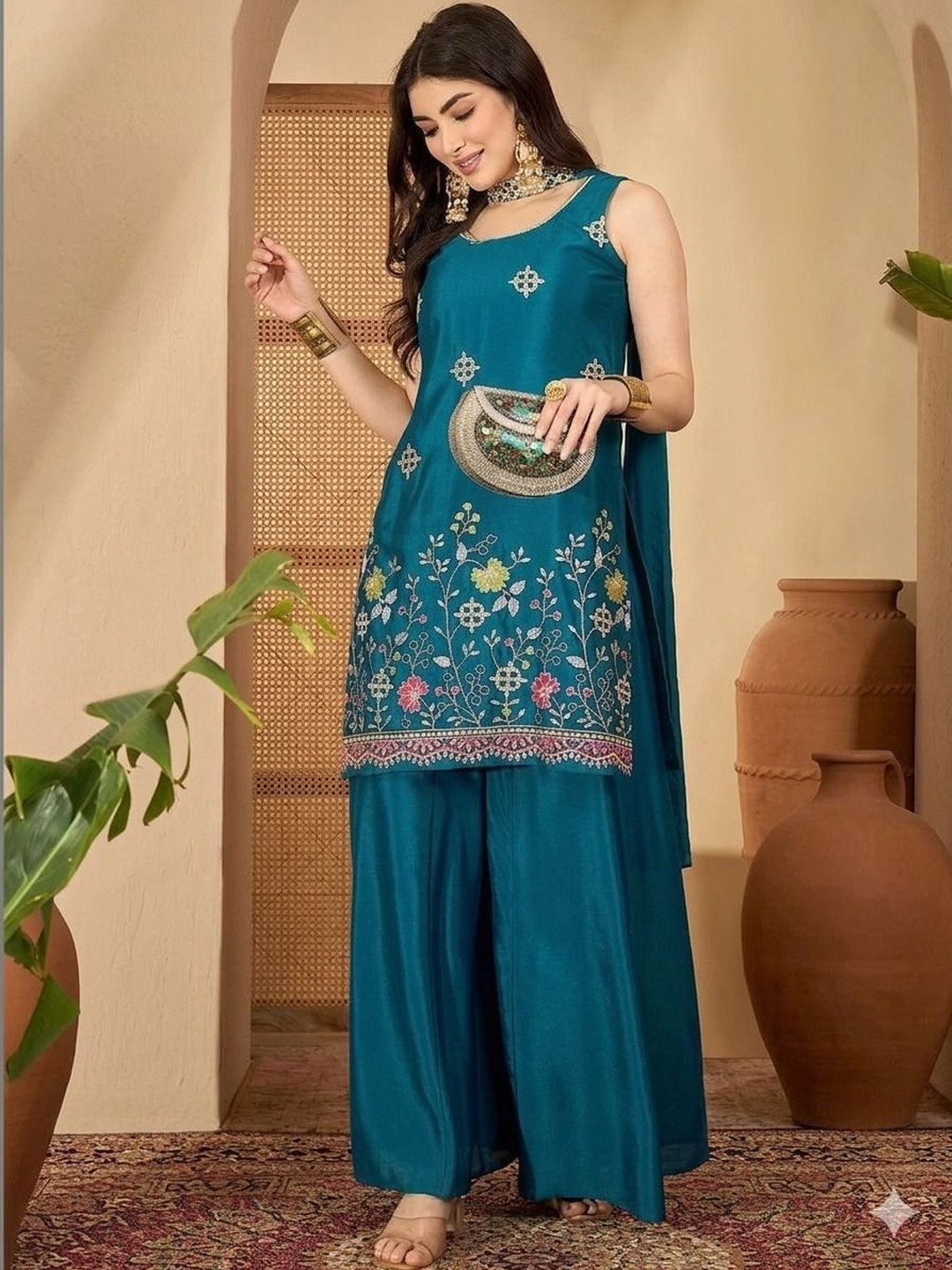 ZOEMIRA Women Ethnic Motifs Embroidered Regular Thread Work Kurta with Sharara & With Dupatta