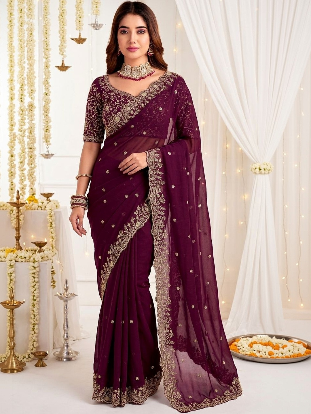 LeeliPeeri Designer Embellished Embroidered Poly Georgette Heavy Work Saree