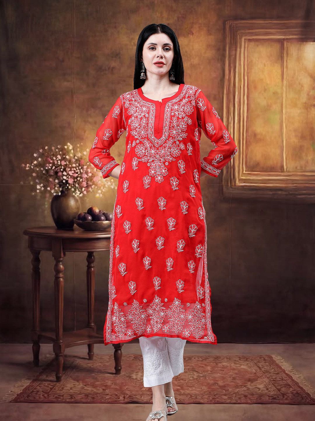 Seva Chikan Ethnic Motifs Embroidered Chikankari Georgette Straight Kurta With Slip