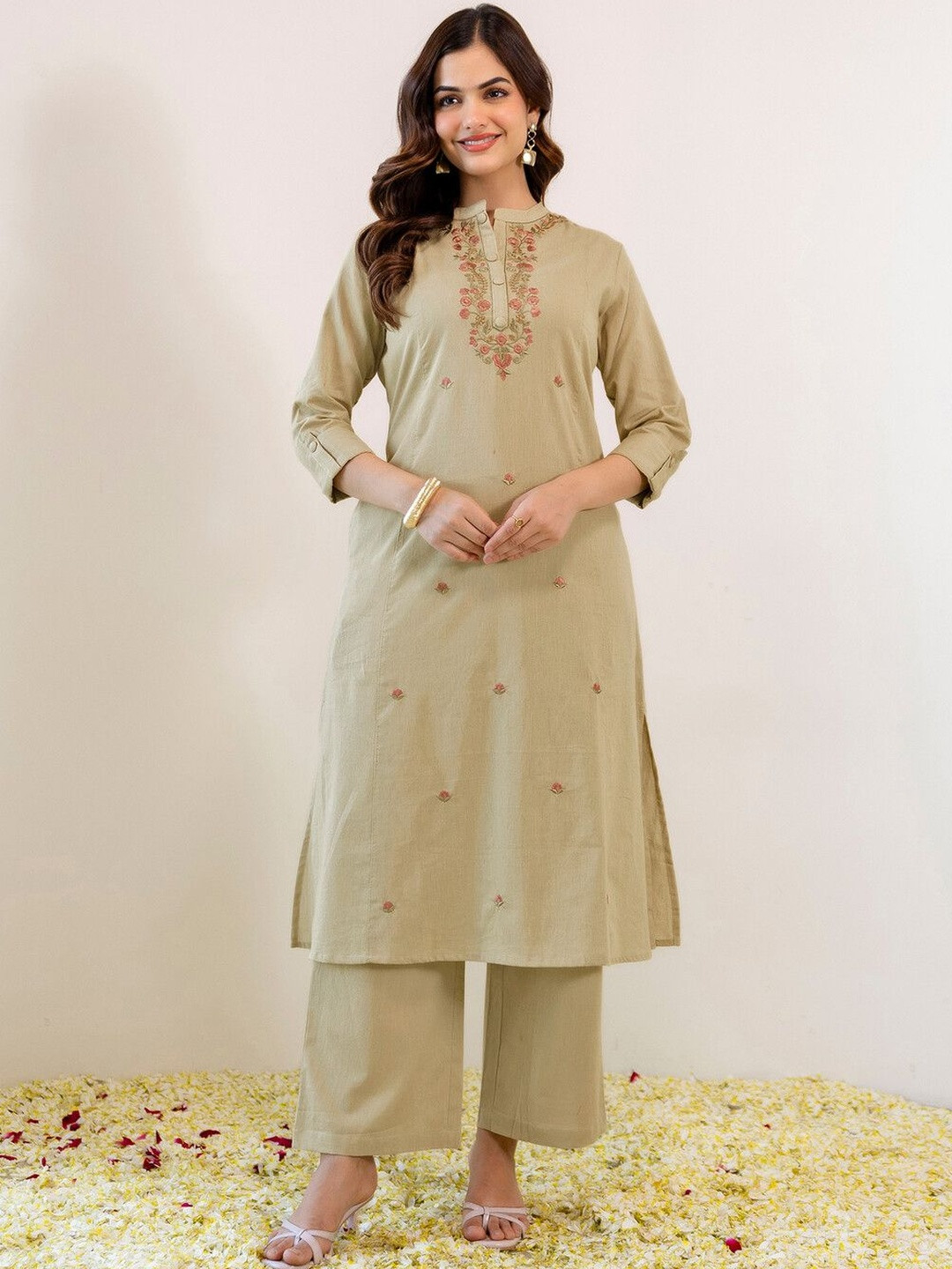 SKYLEE Embroidered Beige Viscose Rayon Co Ords for Women