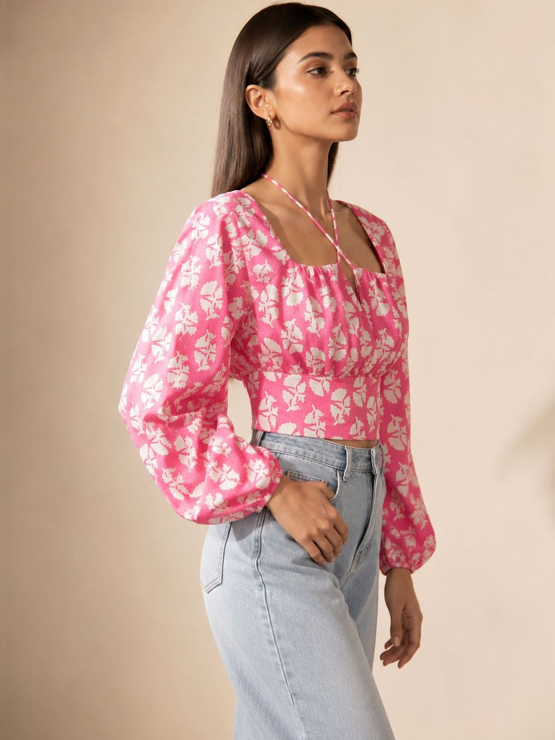 Lagashi Floral Print Bishop Sleeves Cotton Wrap Crop Top