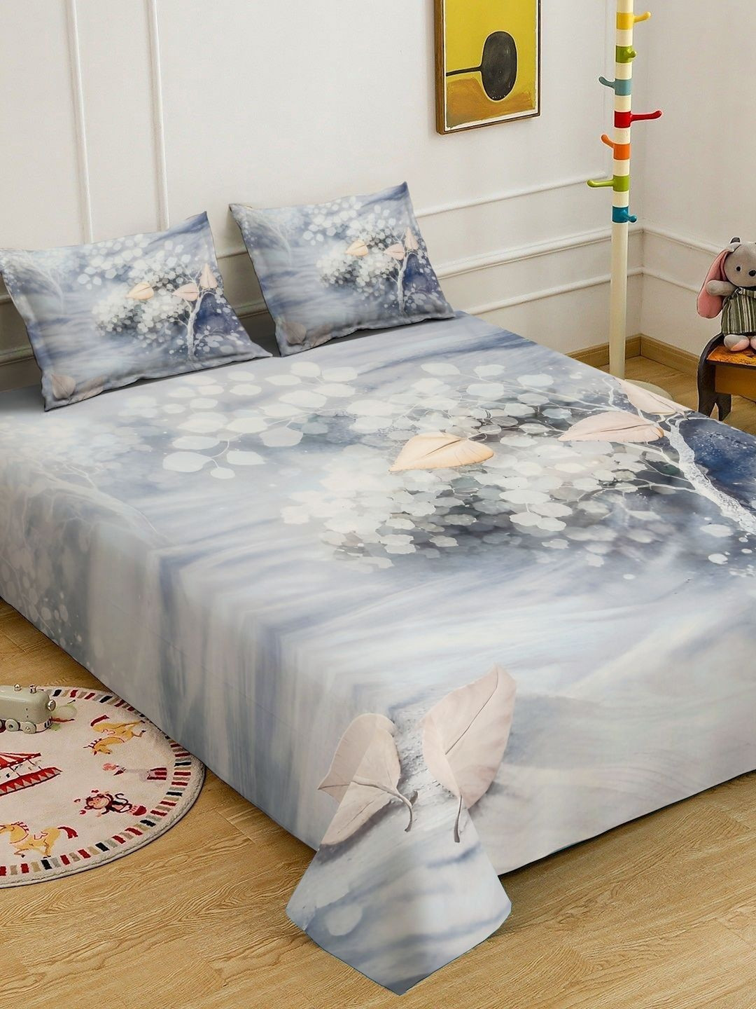 Myntra Elegant Homes Blue Floral 300 TC King Bedsheet with 2 Pillow Covers