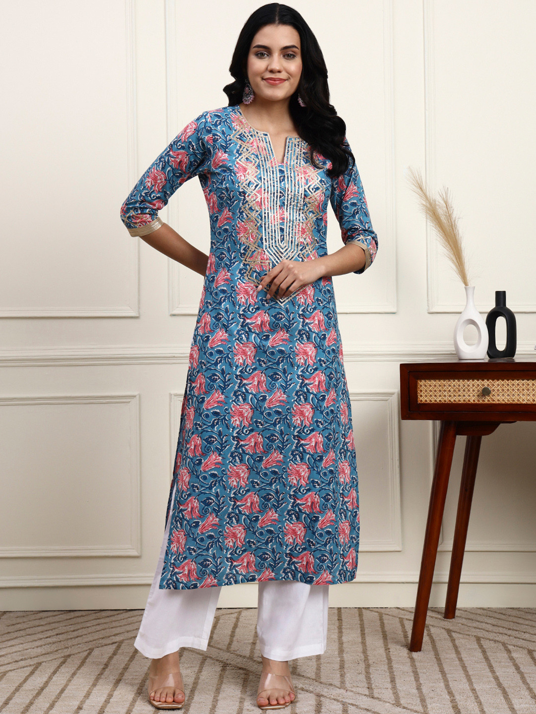 Idalia Floral Printed Gotta Patti Pure Cotton Kurta