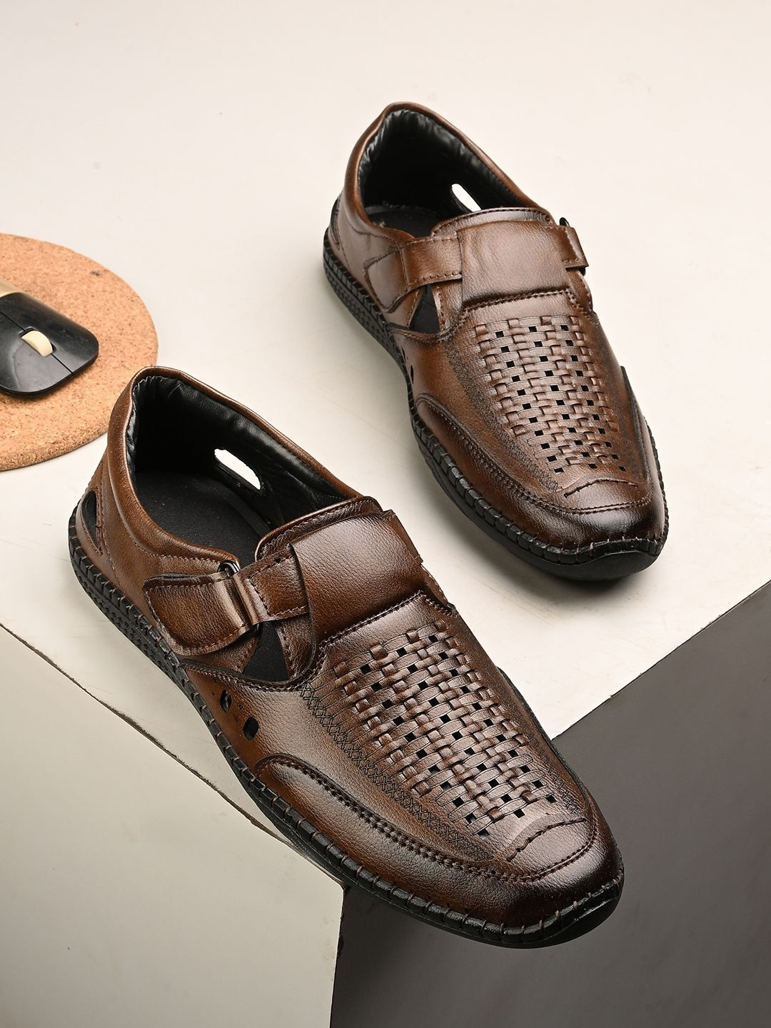 The Roadster Lifestyle Co Men Leather Velcro Fisherman Sandals