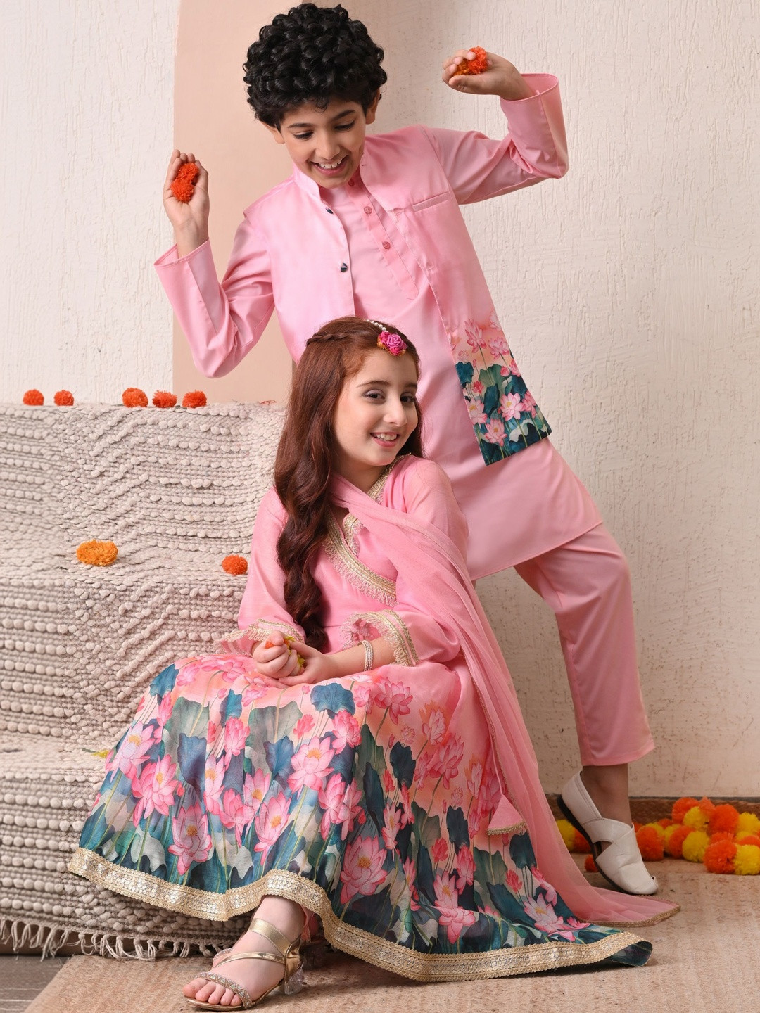 House of Pataudi Girls Yoke Design Poly Chanderi V-Neck Kurta & Trousers With Dupatta