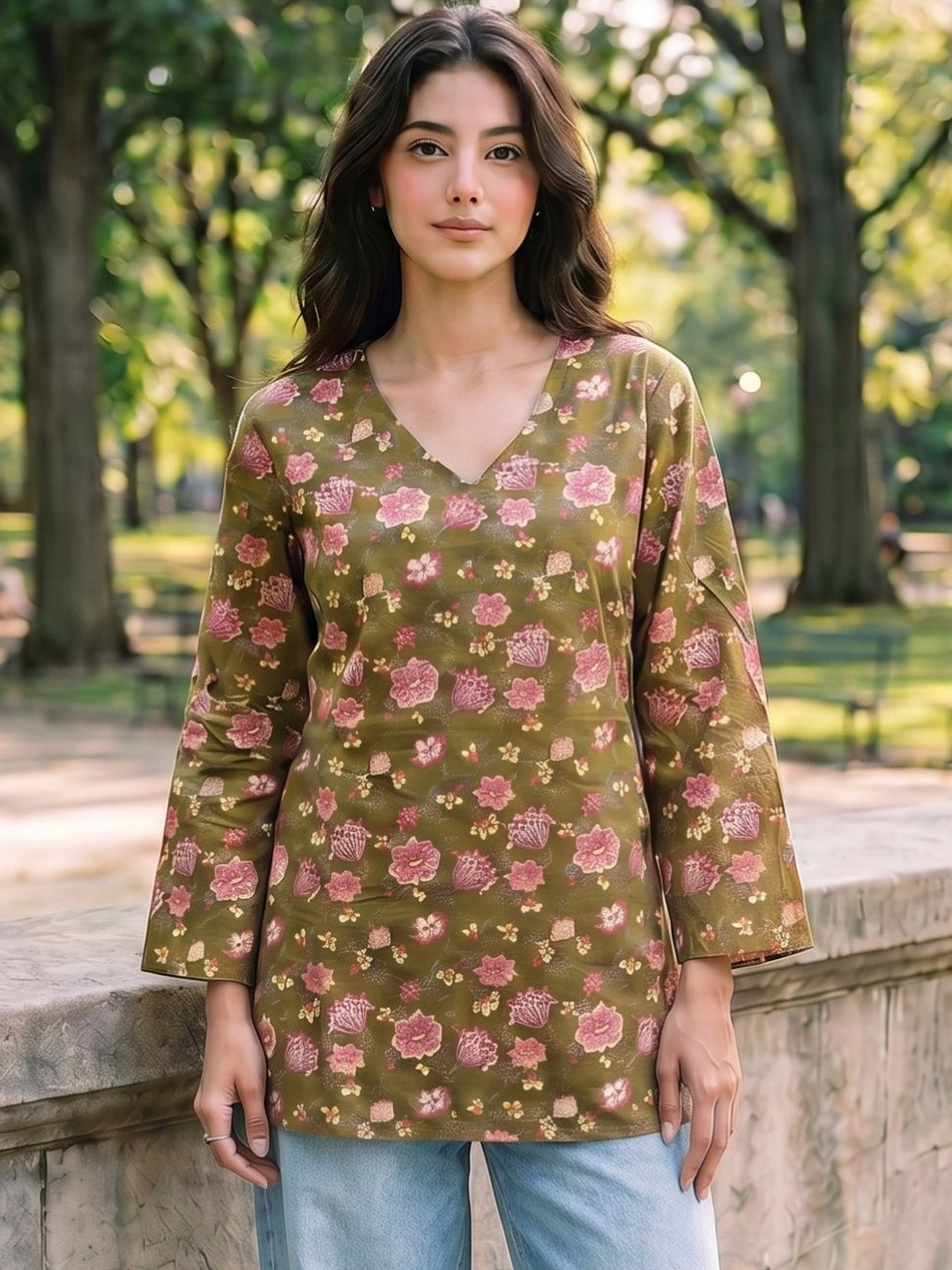 MIKAMI Floral Printed V-Neck Kurti