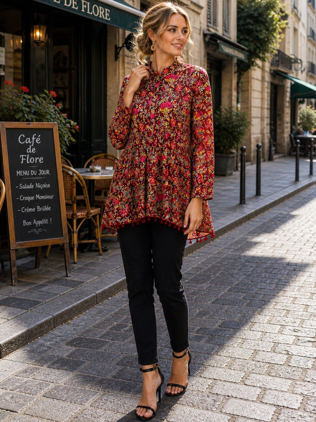 FrionKandy Floral Print Tie-Up Neck Fringed Cotton Blend Top