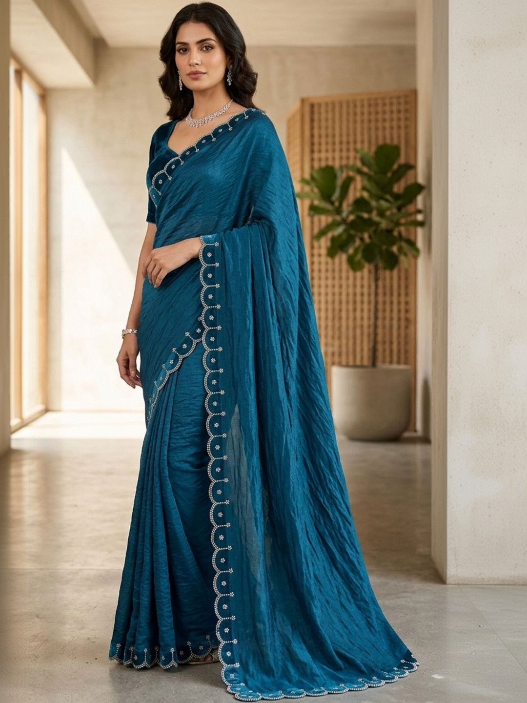 Gownwala Embellished Beads and Stones Designer Chanderi Saree