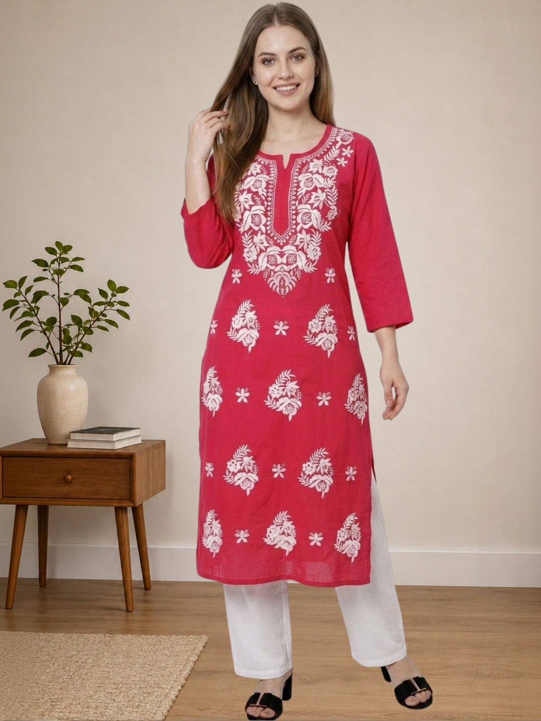 myplusfashion Ethnic Motifs Embroidered Chikankari Kurta