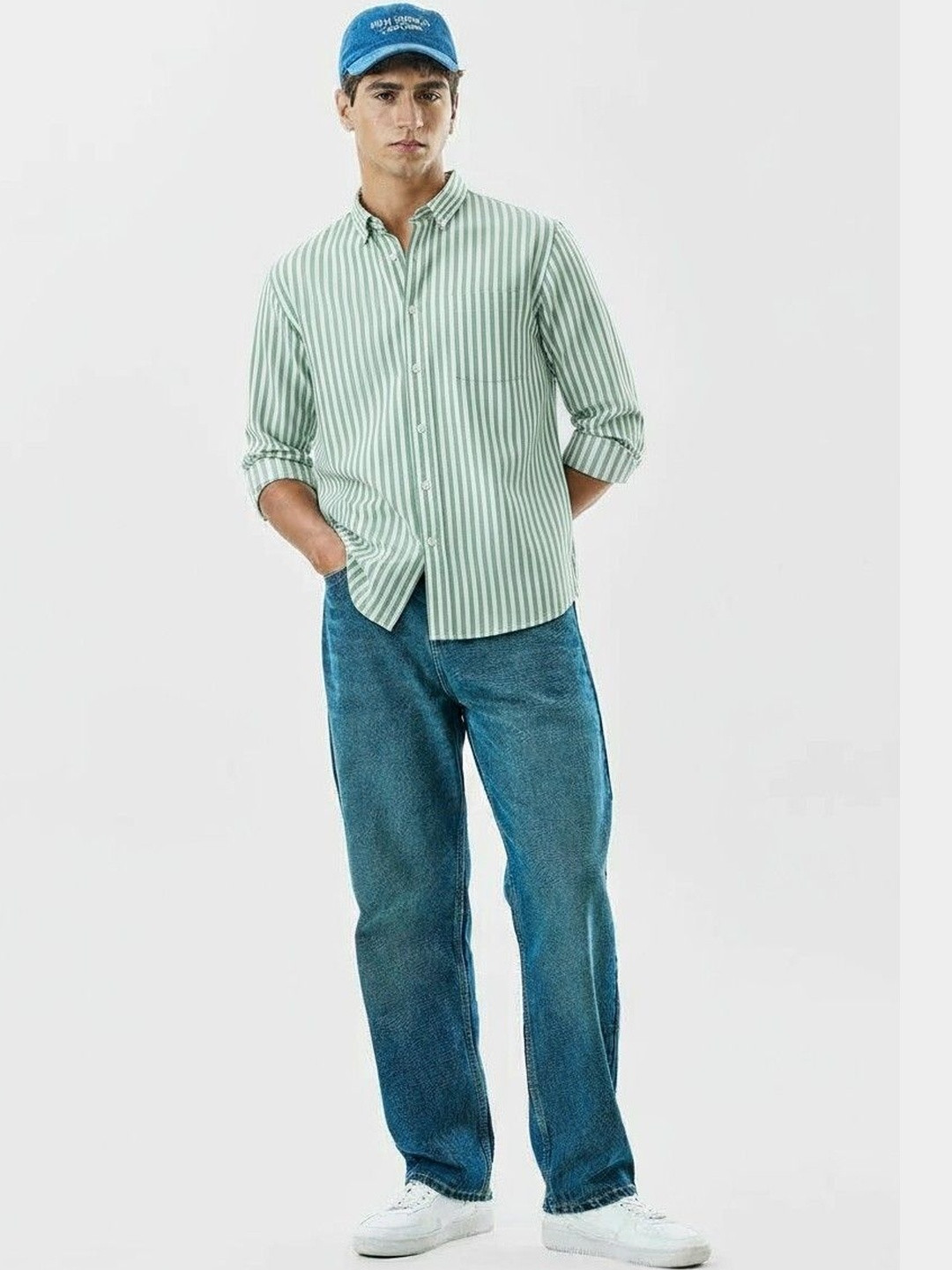 Green Vertical Stripes Regular Fit Casual Shirt