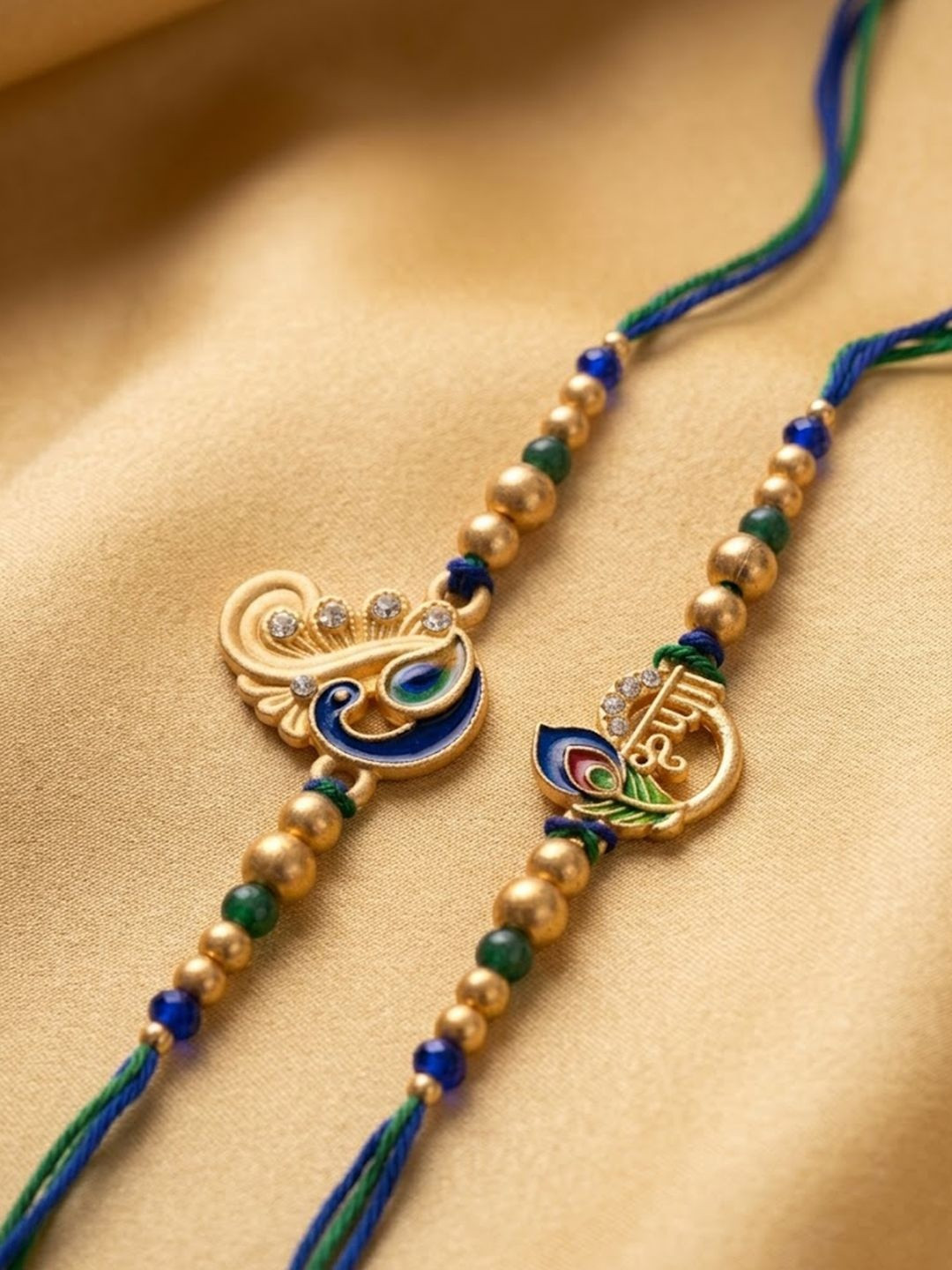 NVR Set Of 2 Krishna & Peacock Design Artificial Beads Thread Rakhi With Roli Chawal