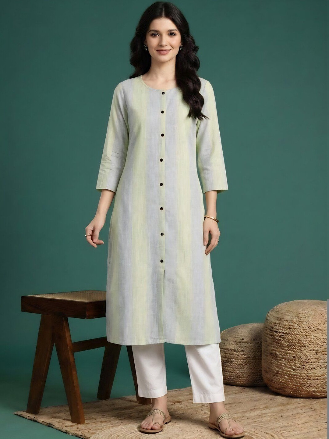 Sangria Striped Round Neck Calf Length Straight Kurtas