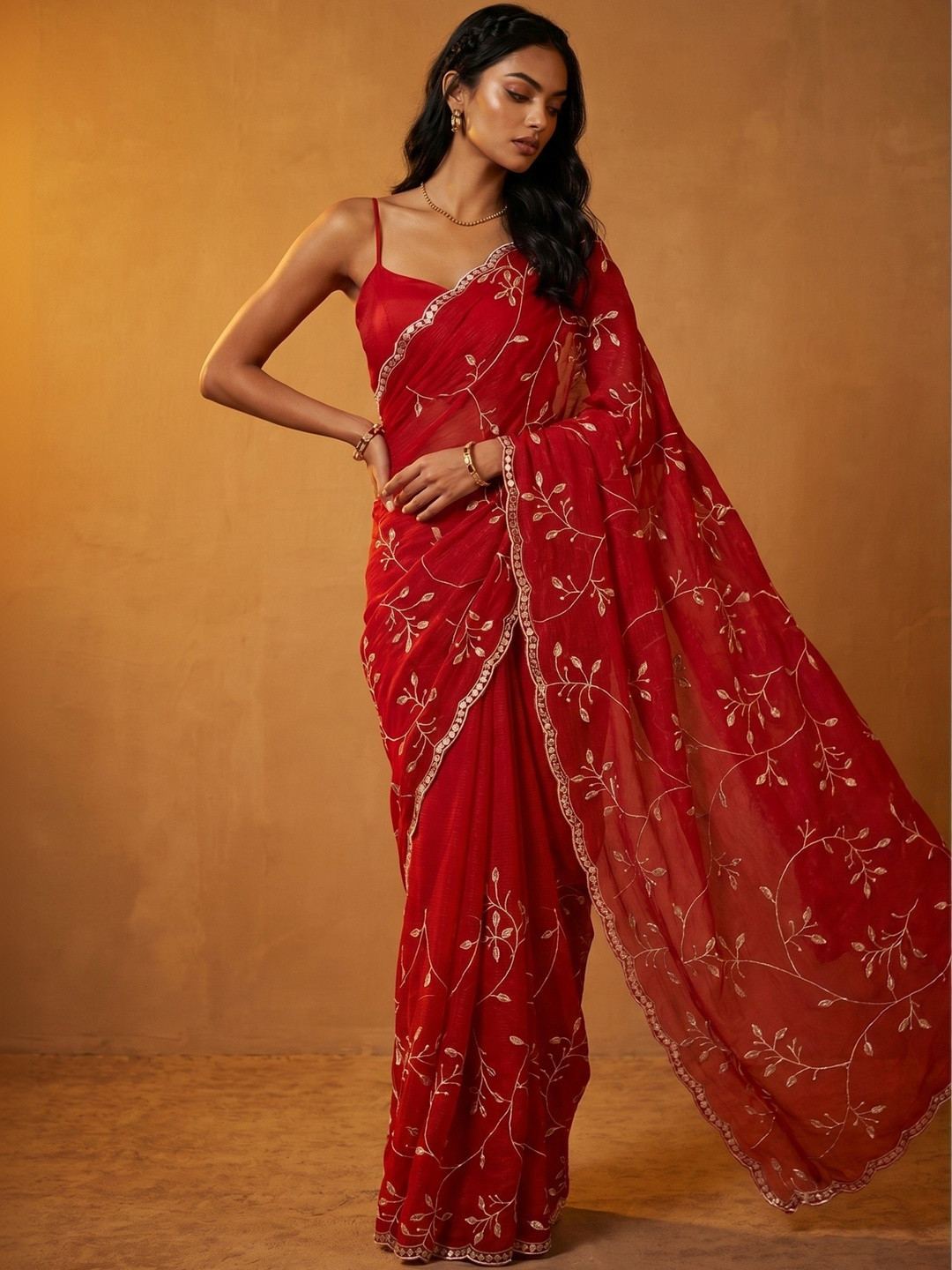 DRIP CHOWK Embellished Embroidered Pure Chiffon Heavy Work Saree
