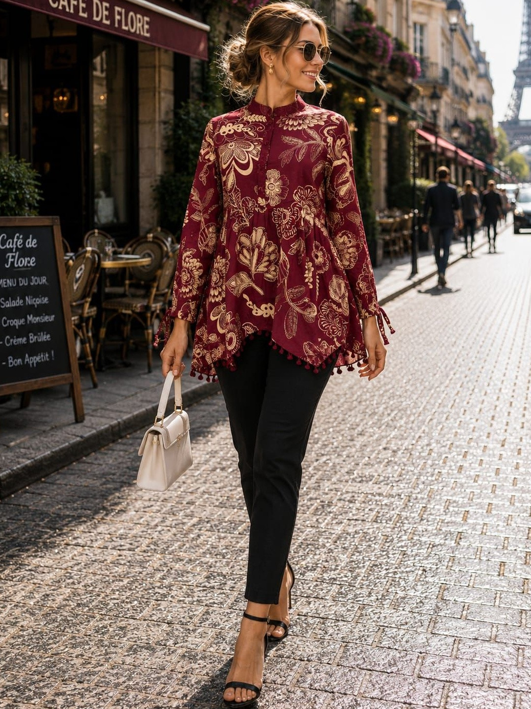 FrionKandy Floral Print Mandarin Collar Cotton Blend Top