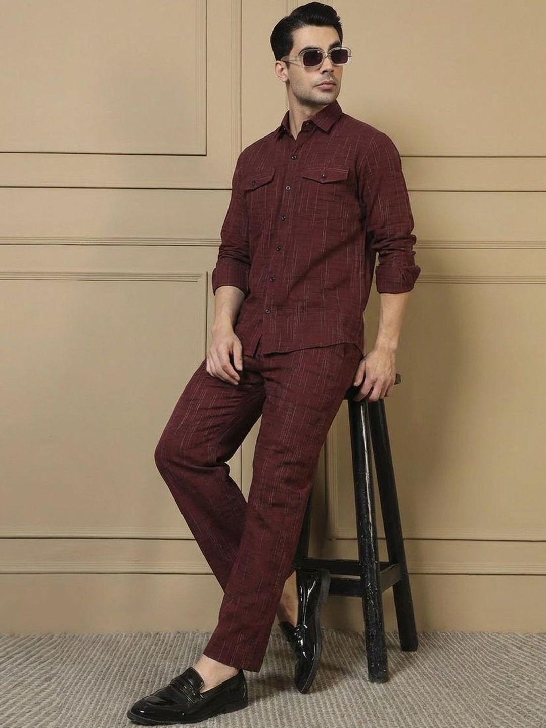 Amanush Cotton Self Design Shirt with Trousers