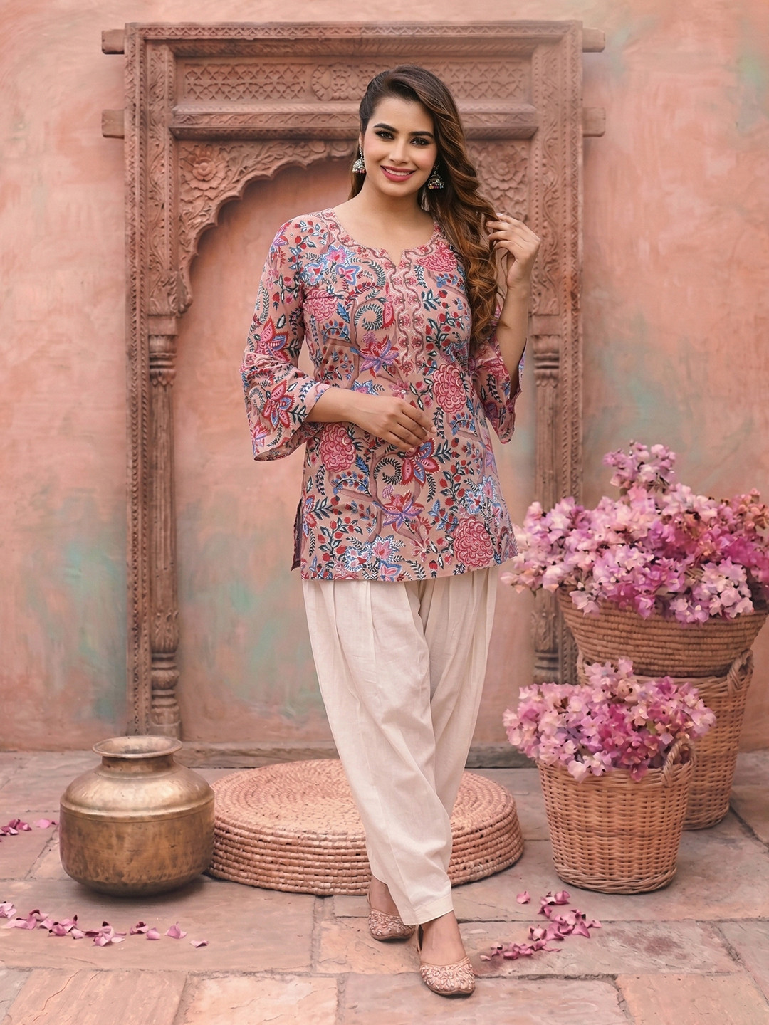 NAVYAAZRI Floral Printed V-Neck Flared Sleeves Kurti