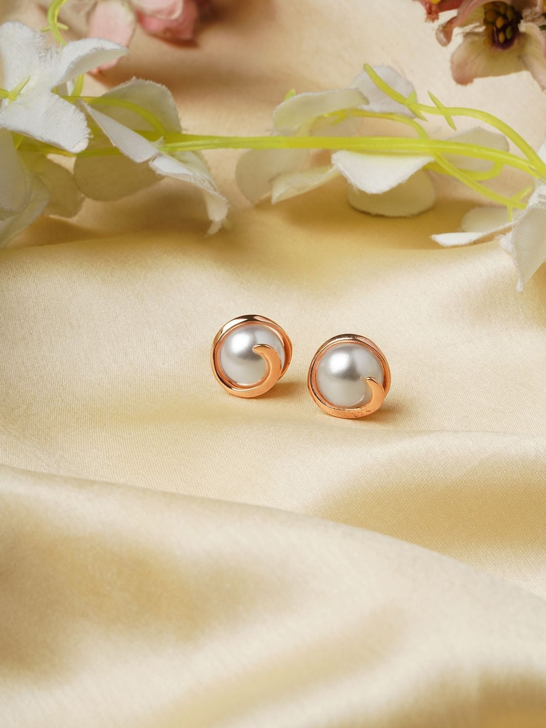 TOS Stainless Steel Rose Gold Plated Pearls Beaded Contemporary Studs Earrings