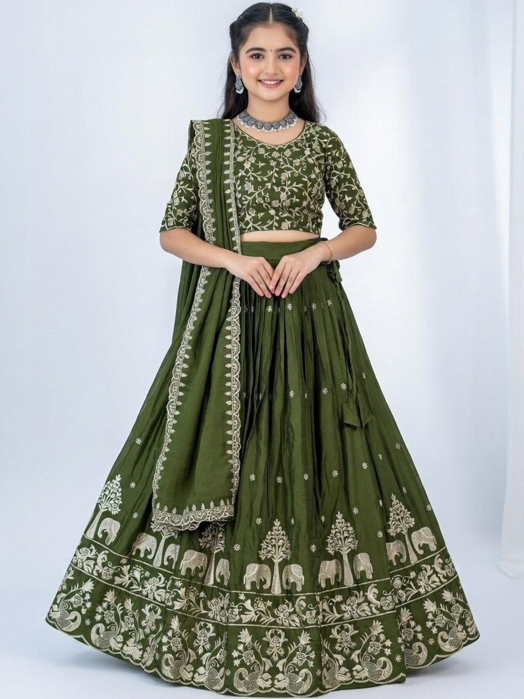 Closin Girls Embroidered Thread Work Semi-Stitched Lehenga & Blouse With Dupatta