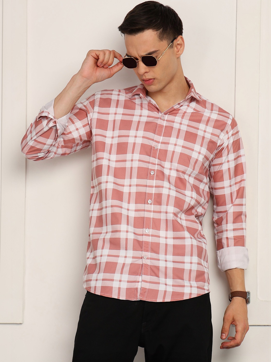 Peach Tartan Checks Regular Fit Casual Shirt