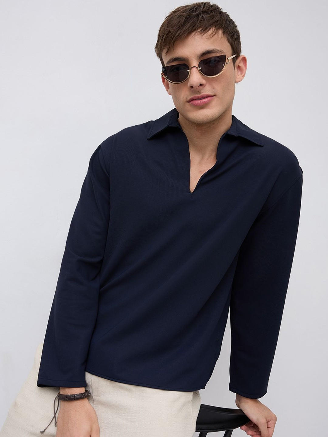 VASTRADO Navy Oversized Polo Tencel Knit Shirt