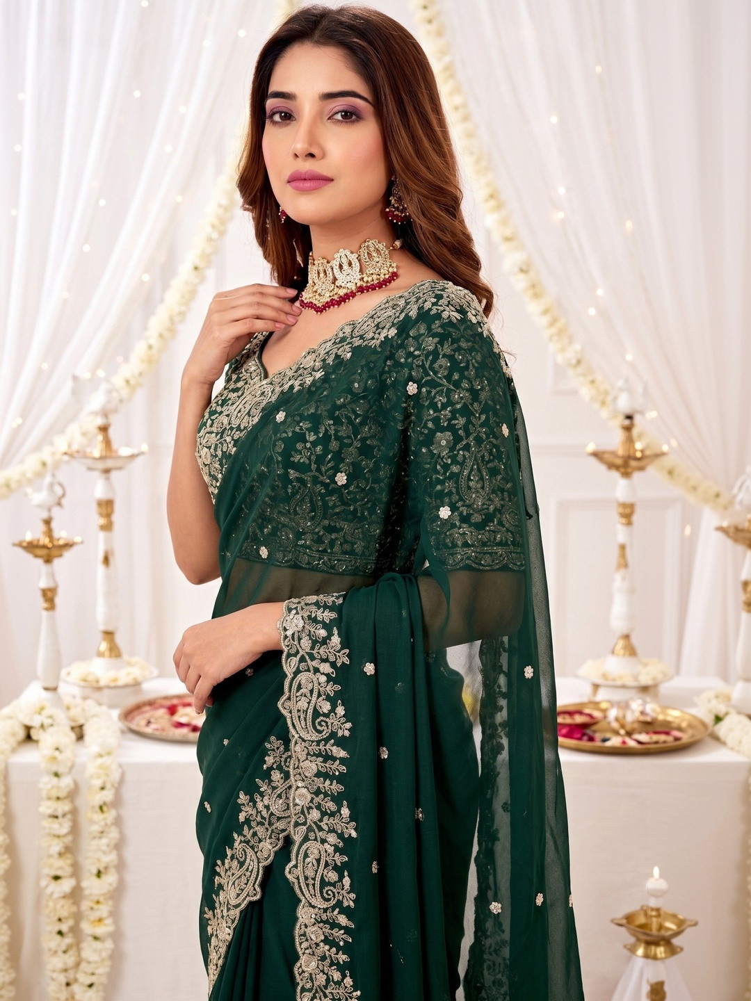 all about you Embellished Embroidered Poly Georgette Heavy Work Saree