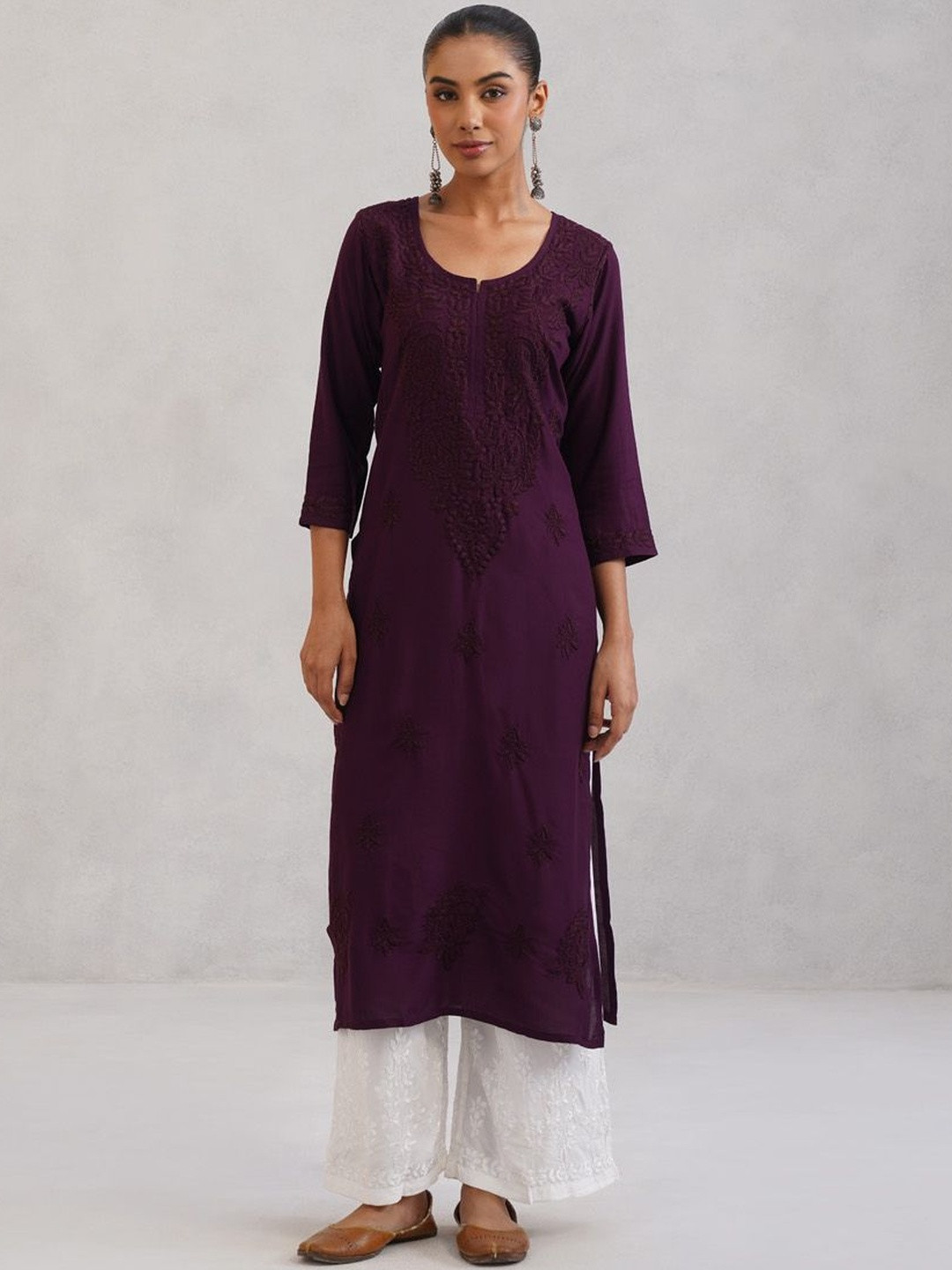 colorkosh Women Floral Wine Ethnic Motifs Embroidered Chikankari Indie Florals Kurta