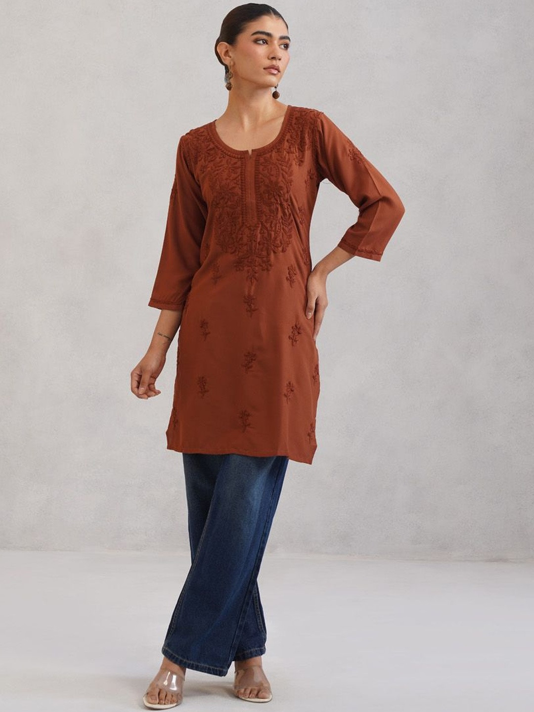 colorkosh Women Floral Brown Ethnic Motifs Embroidered Chikankari Kurta