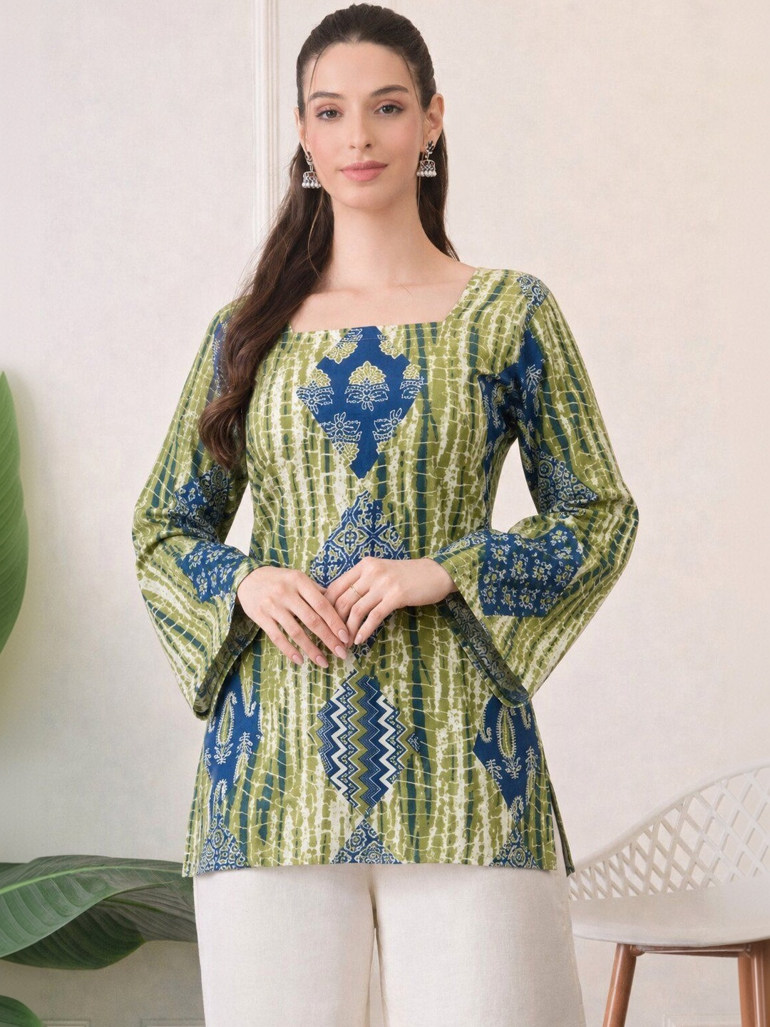 KALAMIR Print Flared Sleeve Cotton Top