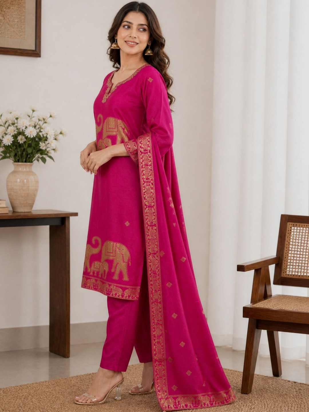 House of Pataudi Embroidered Round Neck Kurta & Palazzos With Dupatta