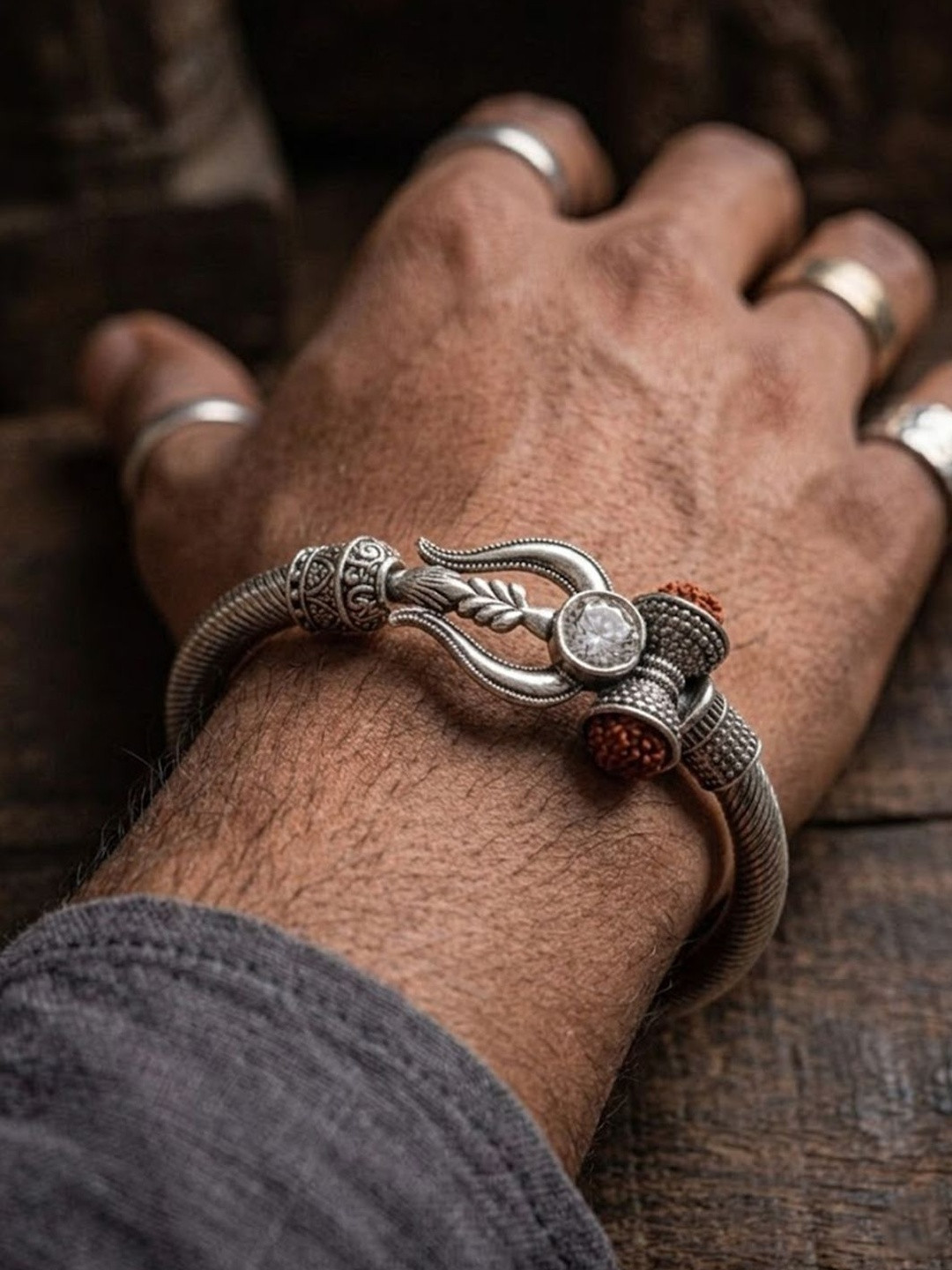 NVR Silver Plated Trishool Design Rudraksh Rakhi Bracelet With Roli Chawal