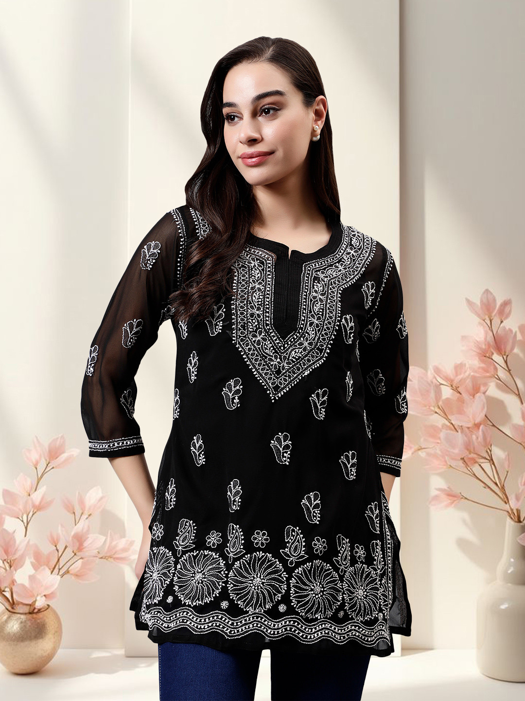 Seva Chikan Ethnic Motifs Embroidered Georgette Chikankari Straight Kurti