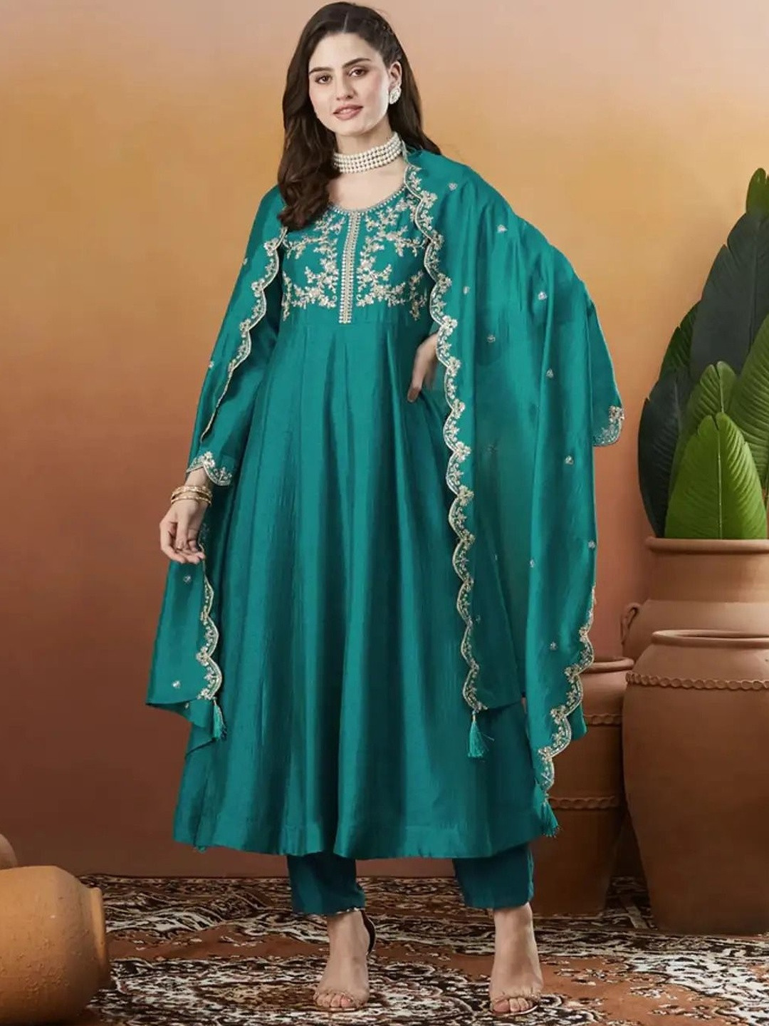 HERE&NOW Women Ethnic Motifs Embroidered Tiered Thread Work Kurta with Trousers & With Dupatta