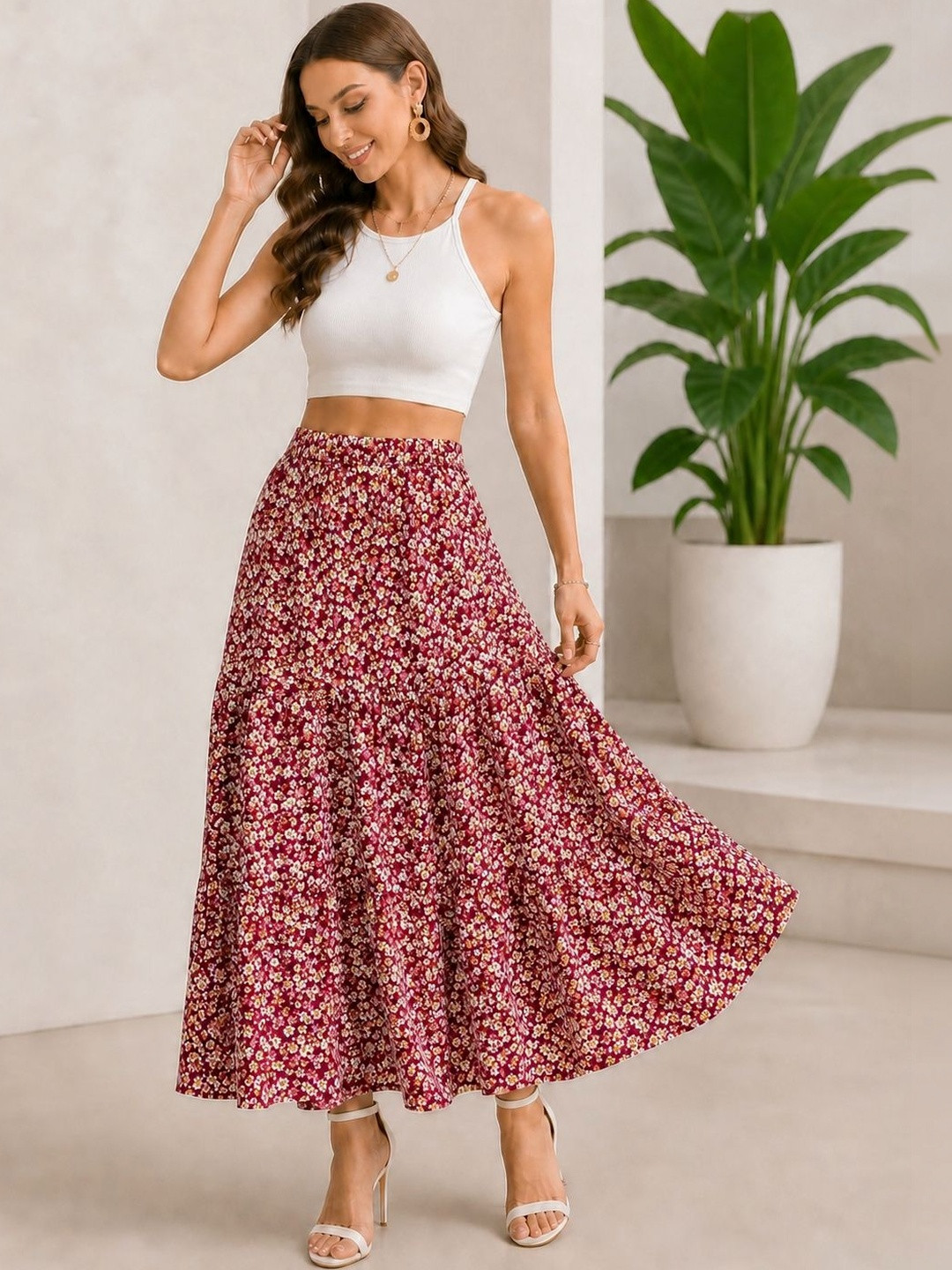 AmorLuxe Women Crepe Floral Midi A-Line Skirt