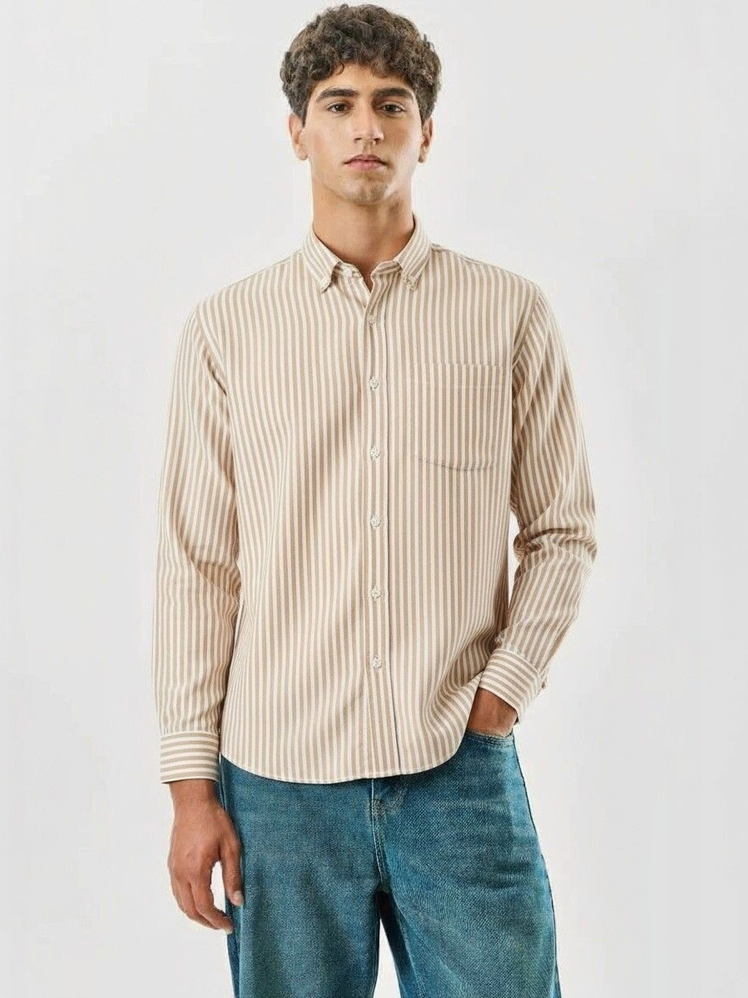 Cream Vertical Stripes Regular Fit Casual Shirt