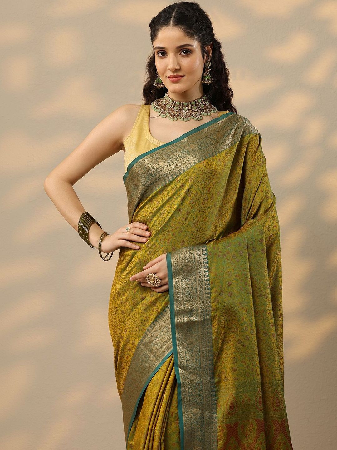 Libas Green Woven Design Banarasi Saree With Unstitched Blouse Piece