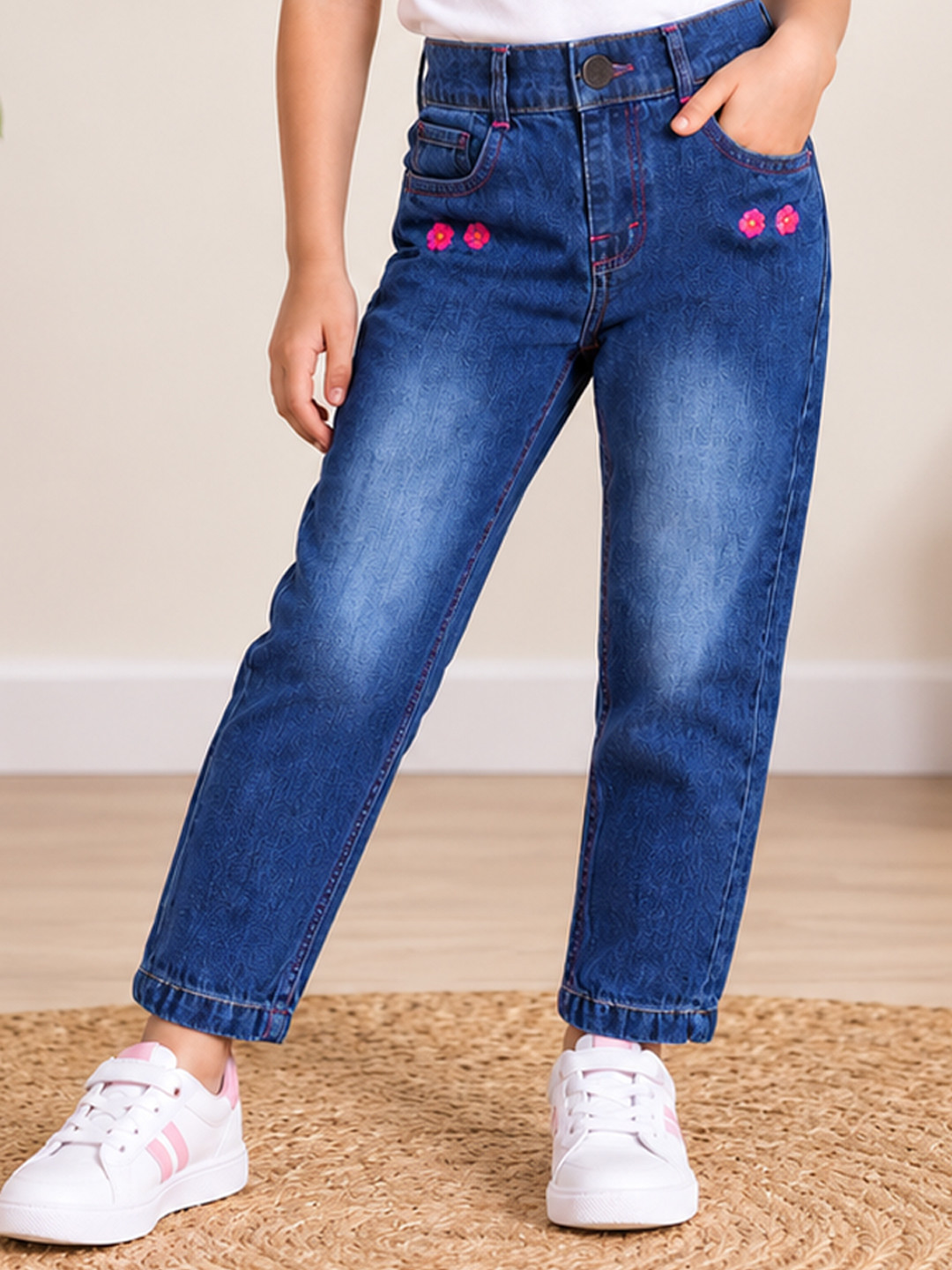 Here&Now X Denikid Girls Pure Cotton Light Fade Embroidered Jeans